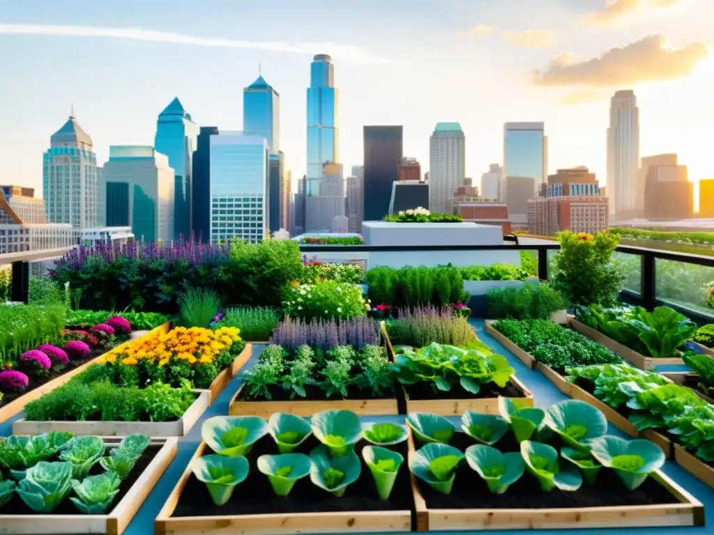 Un jardín urbano vibrante transformando espacios urbanos en fuentes de alimento, con vegetales exuberantes, flores coloridas y abejas activas