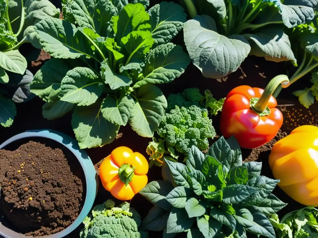 Un jardín urbano vibrante y exuberante con alimentos funcionales como kale, tomates y pimientos