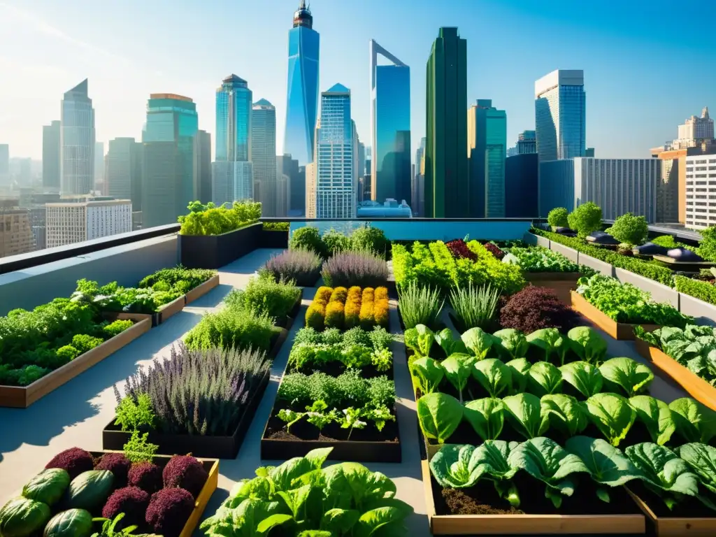 Un jardín urbano vibrante y exuberante en contraste con rascacielos modernos