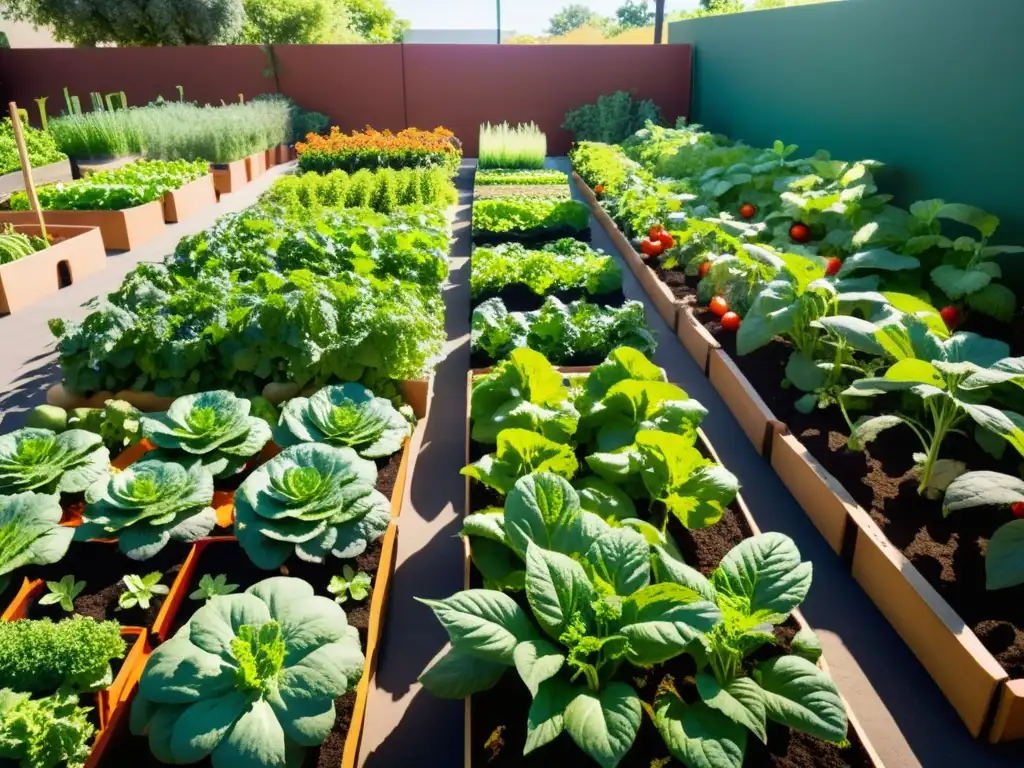 Un jardín urbano vibrante y exuberante con filas ordenadas de vegetales y frutas orgánicas, bañado por la luz del sol