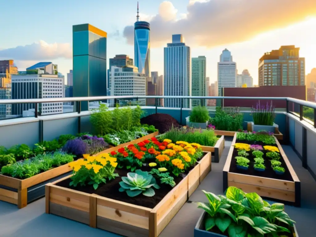 Jardín urbano vibrante con vegetación exuberante, flores coloridas y plantas de hortalizas prósperas