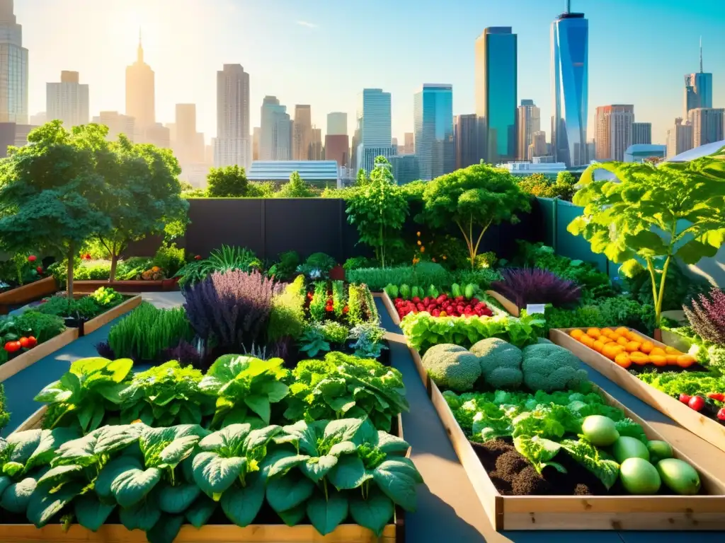 Un jardín urbano vibrante y exuberante con frutas y verduras orgánicas, resplandeciendo bajo el sol