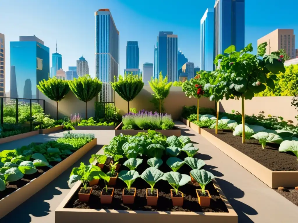 Un jardín urbano vibrante y exuberante, con frutas, verduras y flores coloridas, bañado por el sol