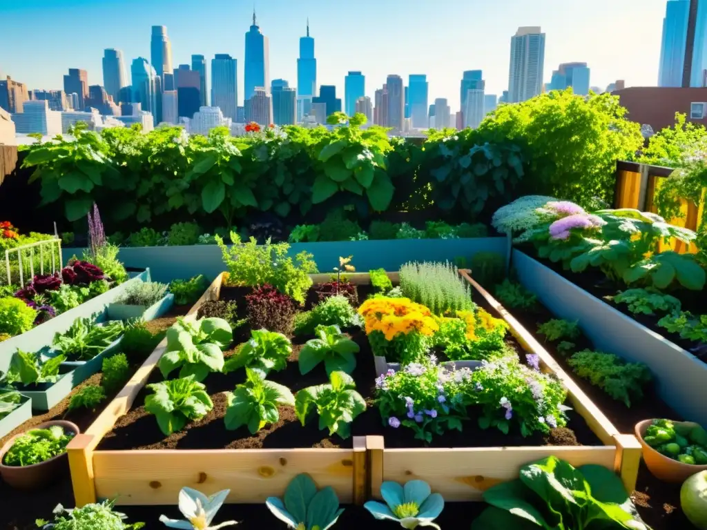 Un jardín urbano vibrante y exuberante con hortalizas, frutas y flores