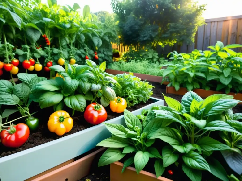 Un jardín urbano vibrante y exuberante lleno de frutas, verduras y hierbas coloridas