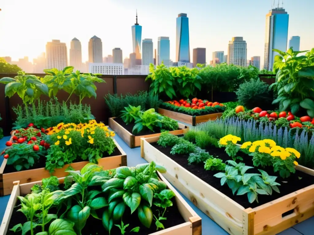 Un jardín urbano vibrante y exuberante con las mejores plantas para huerto urbano, lleno de vida y color