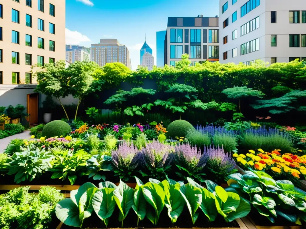 Un jardín urbano vibrante y exuberante, un oasis en la ciudad que muestra los beneficios de los huertos urbanos en la mitigación de la isla de calor