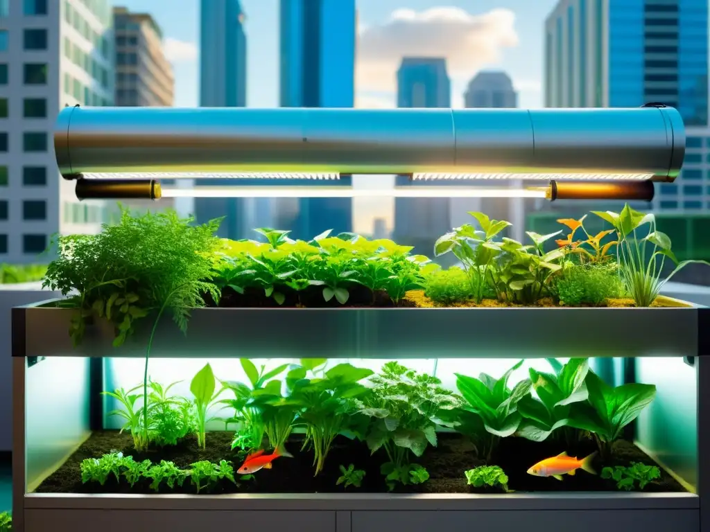 Un jardín acuapónico urbano vibrante con exuberante vegetación y peces coloridos nadando en el agua