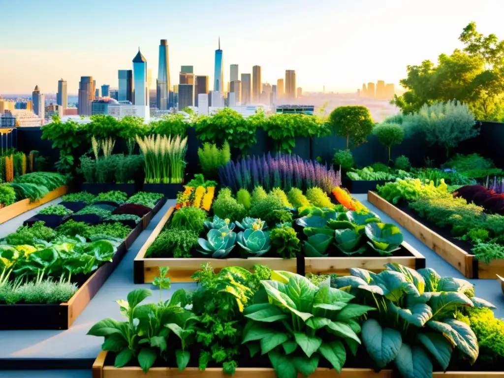 Un jardín urbano vibrante y exuberante con variedad de verduras y hierbas