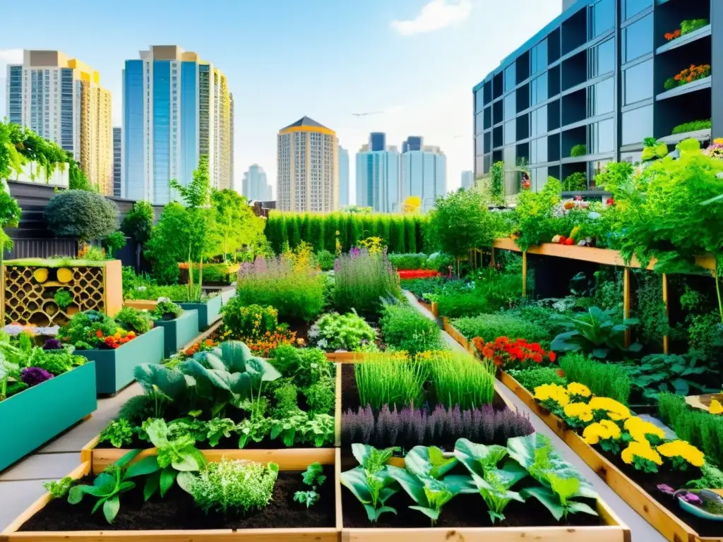 Un jardín urbano vibrante y exuberante con variedad de vegetales y frutas, rodeado de edificios altos