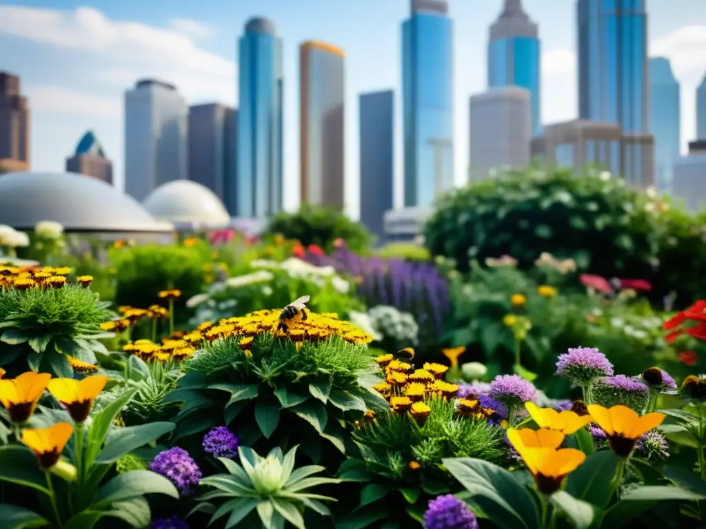 Jardín urbano vibrante con flora diversa, abejas y mariposas, muestra la vitalidad de la agricultura urbana para la biodiversidad y los polinizadores