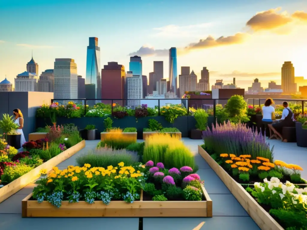 Un jardín urbano vibrante y floreciente con un grupo diverso de personas cuidando las plantas