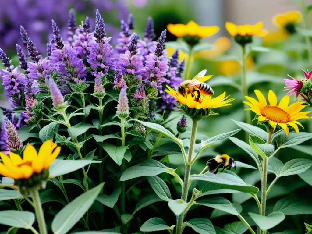 Un jardín urbano vibrante con flores atractivas para polinizadores urbanos como lavanda, girasoles y monarda, bañado por una cálida luz solar