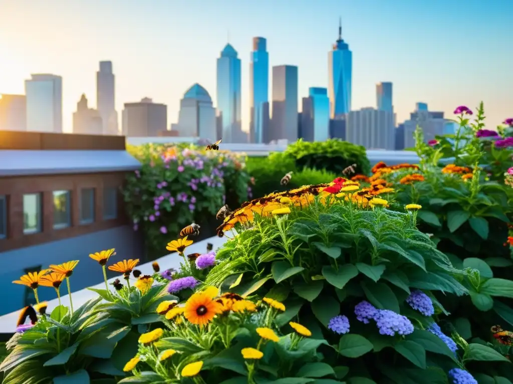 Jardín urbano vibrante con flores coloridas, abejas y mariposas entre la exuberante vegetación