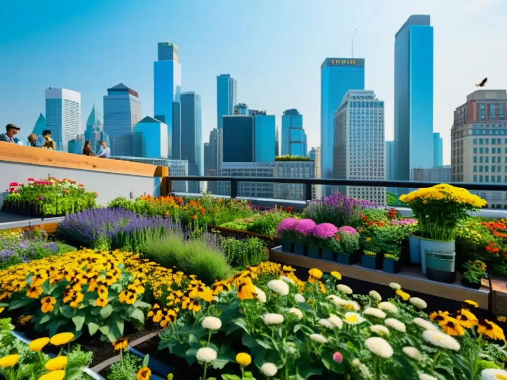 Jardín urbano vibrante con flores coloridas y abejas polinizando, resaltando la importancia de la polinización en ambientes urbanos