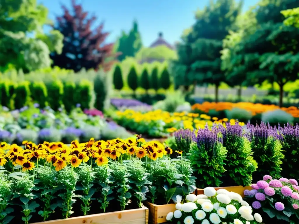 Un jardín urbano vibrante, con flores coloridas y vegetales prósperos, atrae abejas y mariposas, creando una escena armoniosa