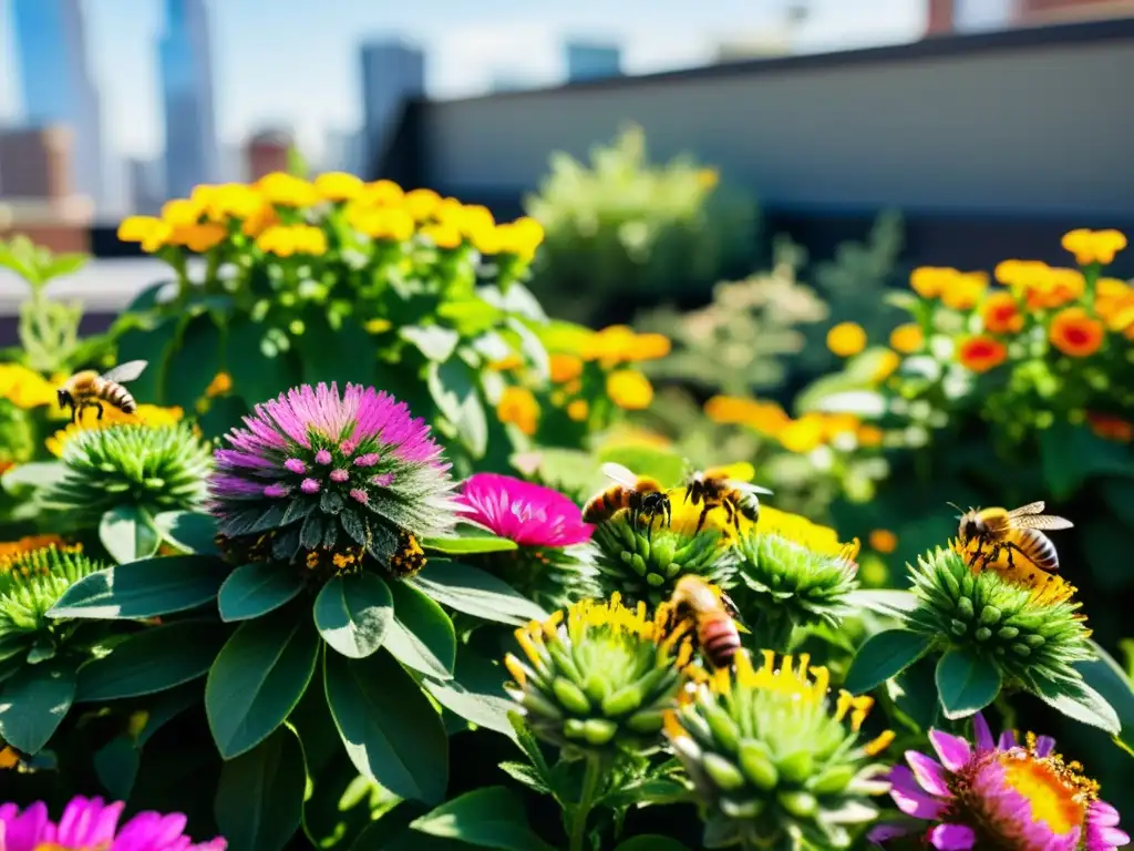 Un jardín urbano vibrante con flores coloridas y abejas recolectando néctar