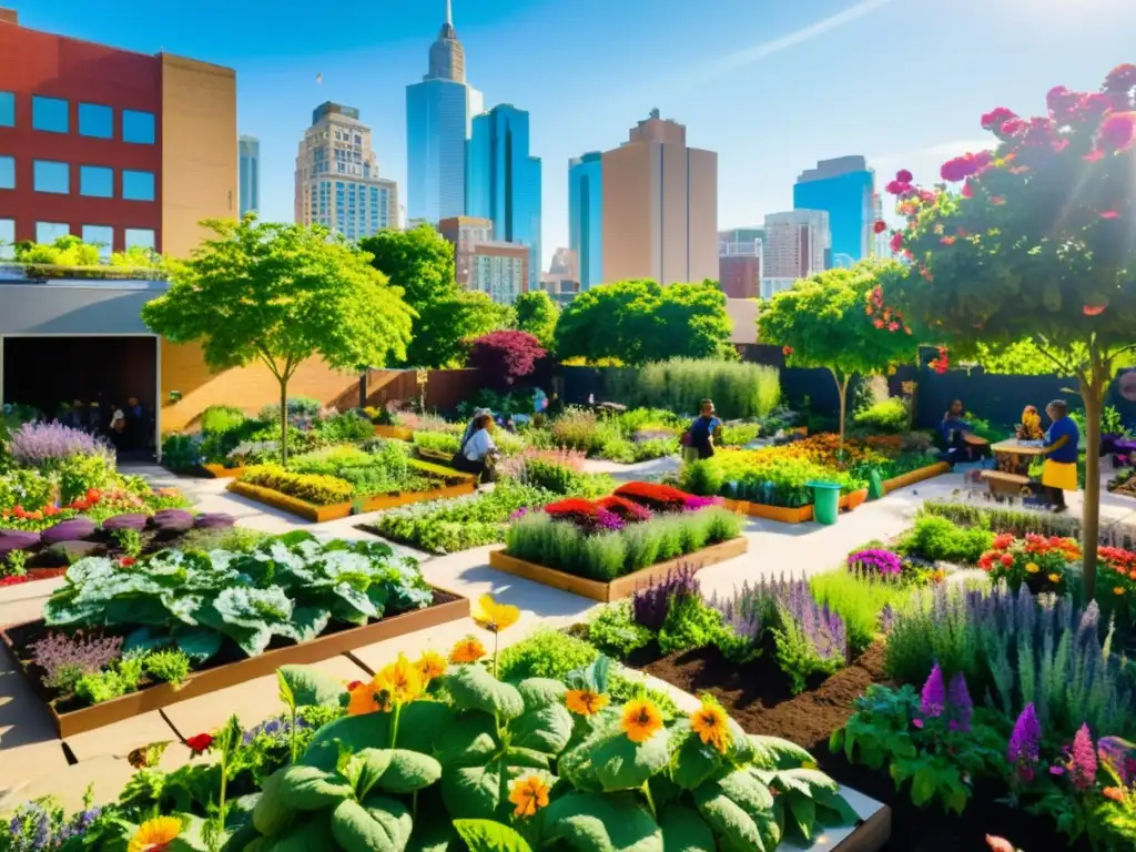 Jardín urbano vibrante con flores, frutas y verduras coloridas