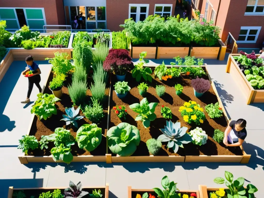 Un jardín urbano vibrante con frutas, verduras y flores