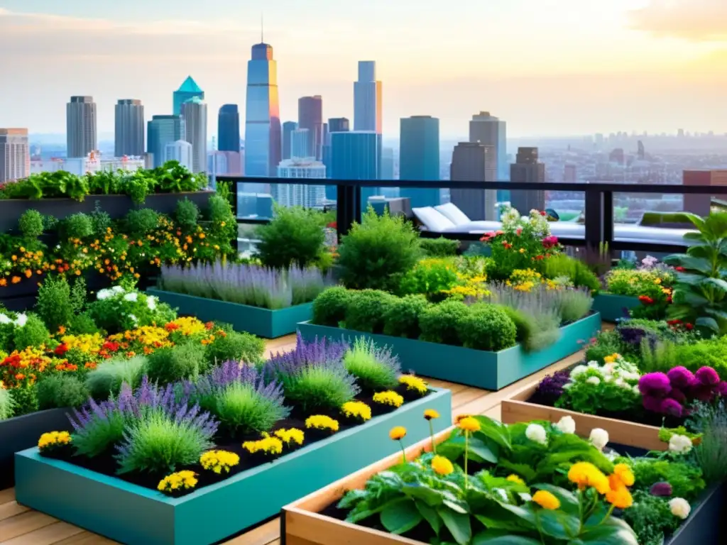 Un jardín urbano vibrante con frutas, verduras y flores en macetas elevadas y colgantes