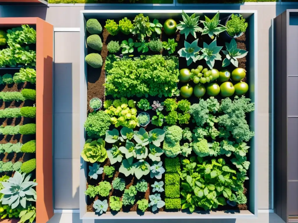 Un jardín urbano vibrante con frutas, verduras y hierbas en camas elevadas, rodeado de rascacielos futuristas