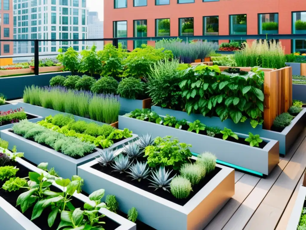 Jardín urbano vibrante con frutas, verduras y hierbas coloridas en camas elevadas y jardineras verticales