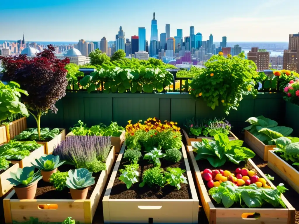 Jardín urbano vibrante con frutas y verduras coloridas en camas elevadas y macetas