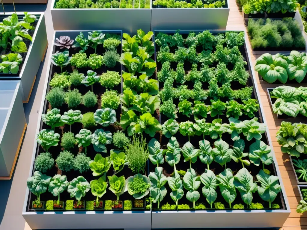 Un jardín urbano vibrante con frutas y verduras rodeado de rascacielos modernos