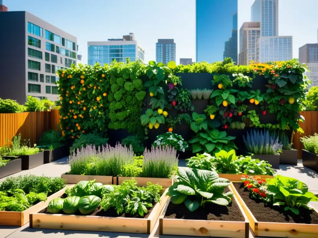 Jardín urbano vibrante con frutas, verduras y flores coloridas en armonía con la vida urbana