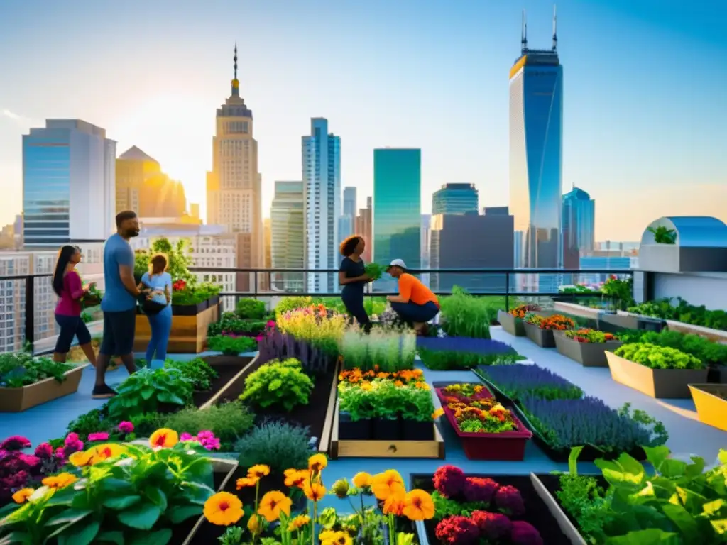 Un jardín urbano vibrante, con gente cultivando plantas y flores, reflejando el emprendimiento en agricultura urbana en una ciudad moderna