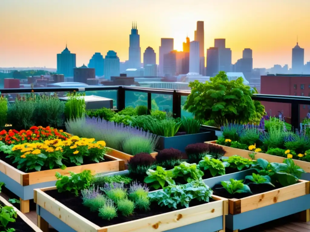 Jardín urbano vibrante con hortalizas y hierbas coloridas