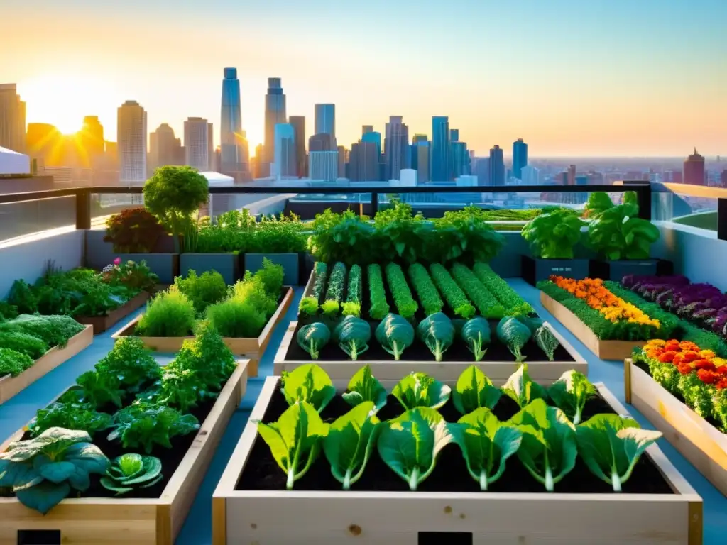 Un jardín urbano vibrante con hortalizas verdes y flores coloridas