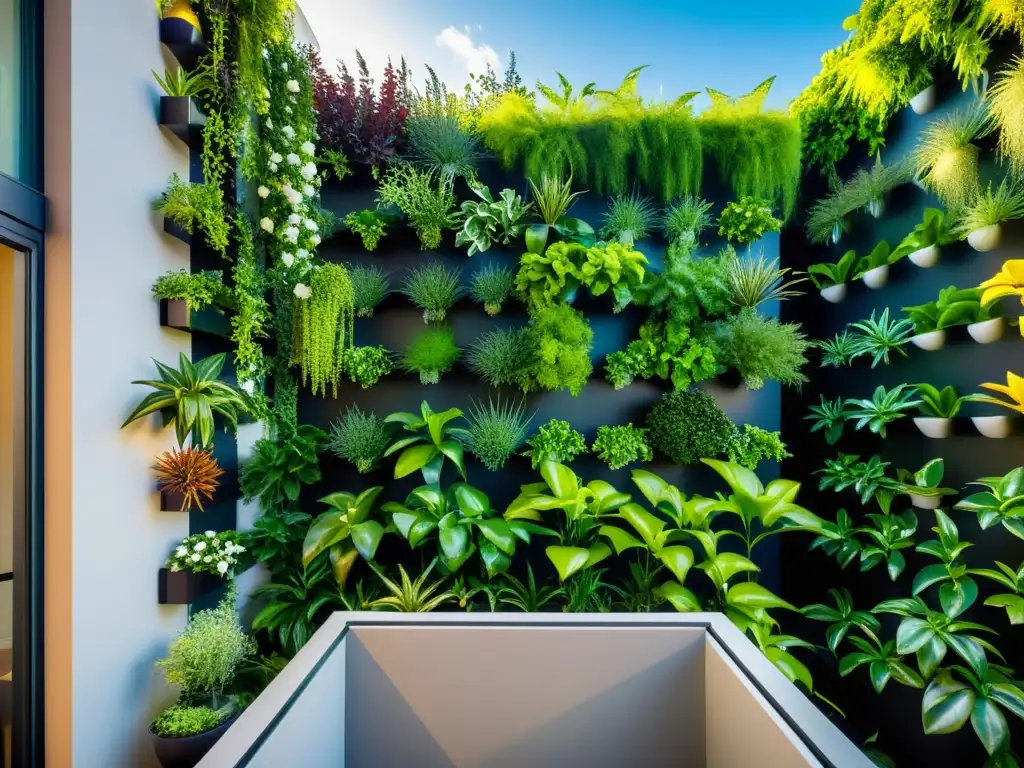 Balcon urbano con vibrante huerto vertical integrado, mostrando las mejores plantas huerto vertical urbano en un diseño contemporáneo