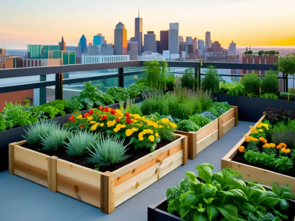 Jardín urbano vibrante con huertos elevados, flores coloridas y skyline de la ciudad al fondo