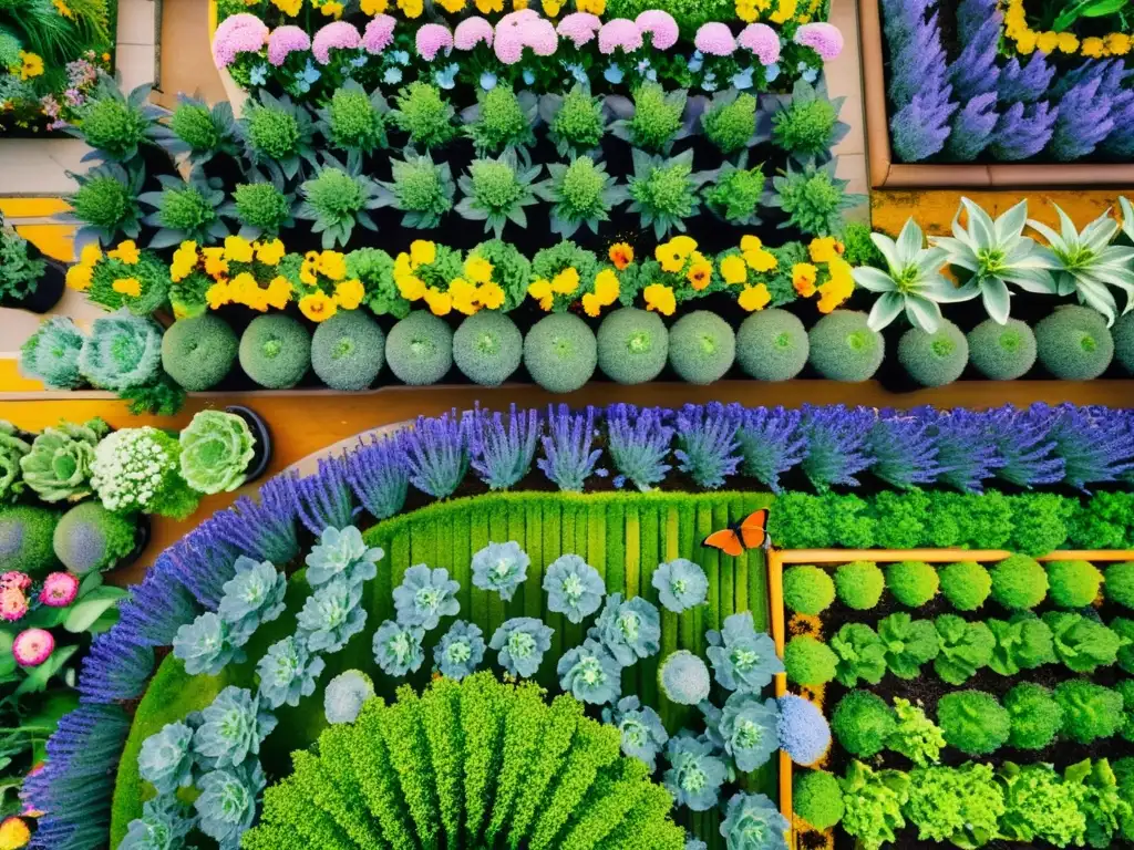 Un jardín urbano vibrante con huertos mixtos y polinización óptima, reflejando la coexistencia armoniosa de la horticultura y la floricultura