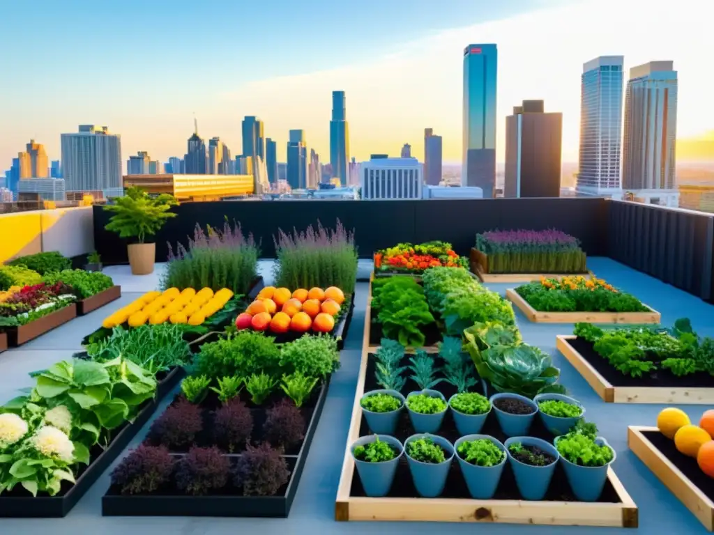 Un jardín urbano vibrante, con huertos verticales en una ciudad moderna