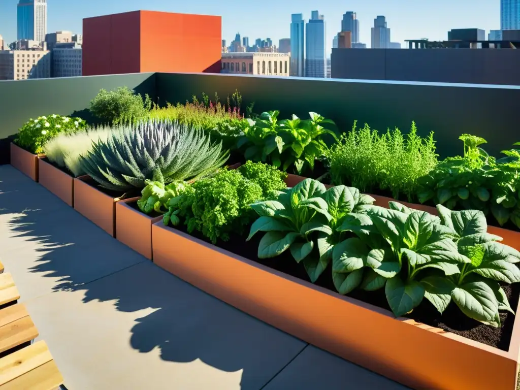 Un jardín urbano vibrante con huertos verticales, lleno de vegetales y hierbas verdes, iluminado por el sol entre sombras