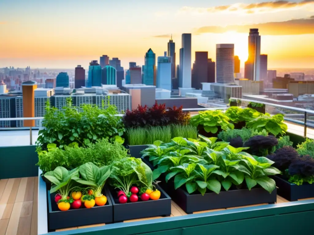 Un jardín urbano vibrante con huertos verticales, frutas y verduras, en contraste con la ciudad