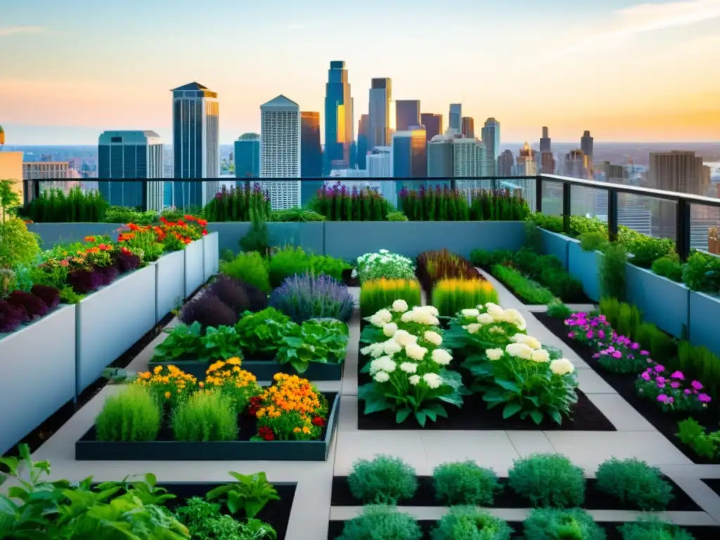 Un jardín urbano vibrante con huertos verticales, flores coloridas y vegetales