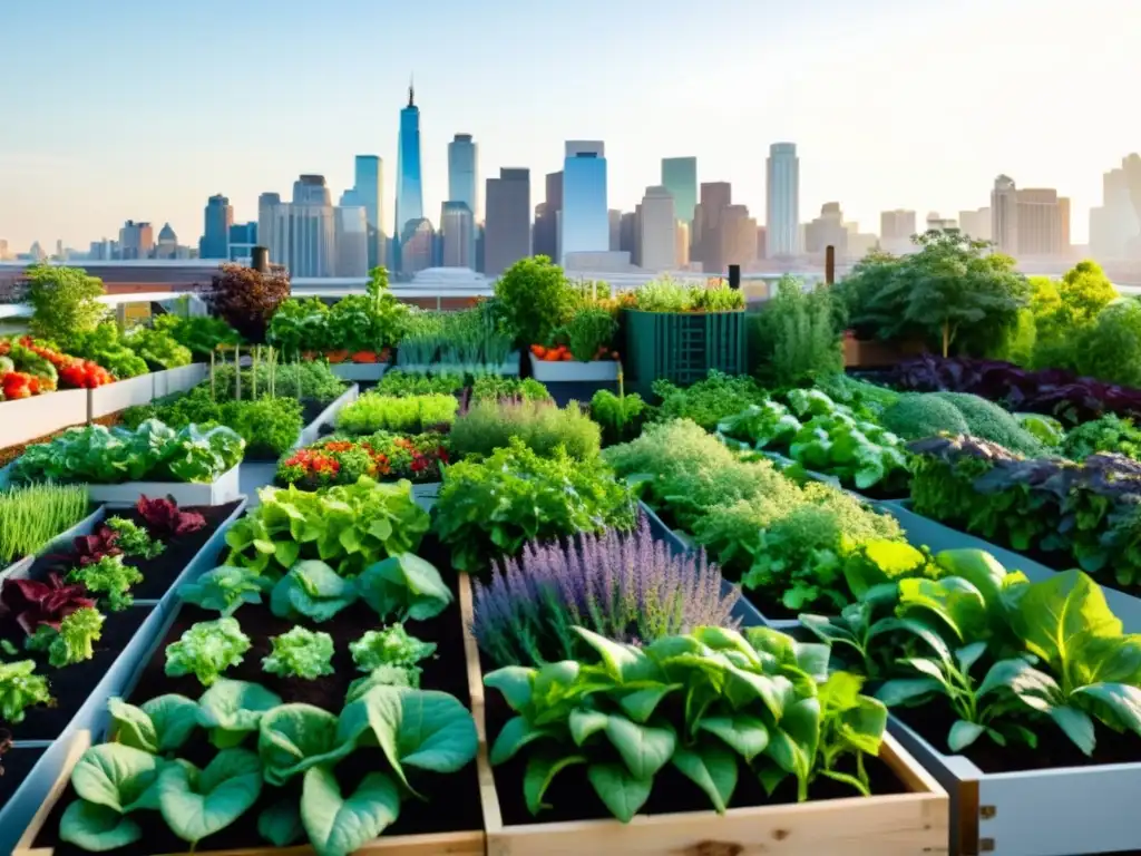 Jardín urbano vibrante con impacto de agricultura urbana en la ciudad, contrastando con el paisaje urbano