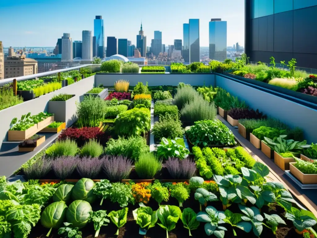 Un jardín urbano vibrante lleno de frutas, verduras y hierbas, rodeado de edificios modernos y personas cuidando las plantas