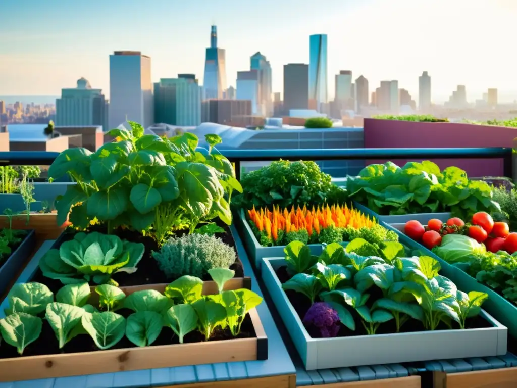 Un jardín urbano vibrante lleno de verduras y hierbas orgánicas, con la ciudad de fondo