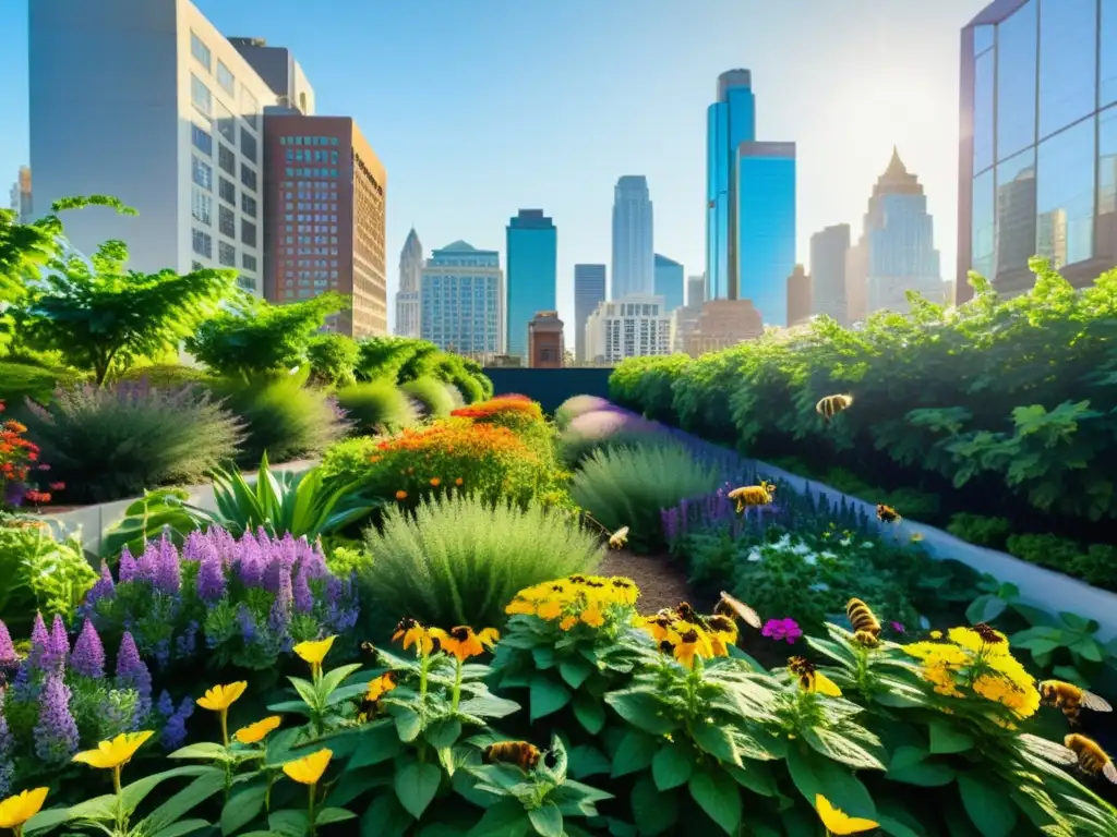 Un jardín urbano vibrante y lleno de vida, con plantas exuberantes y flores coloridas