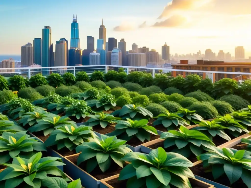 Un jardín urbano vibrante de maca con la ciudad de fondo