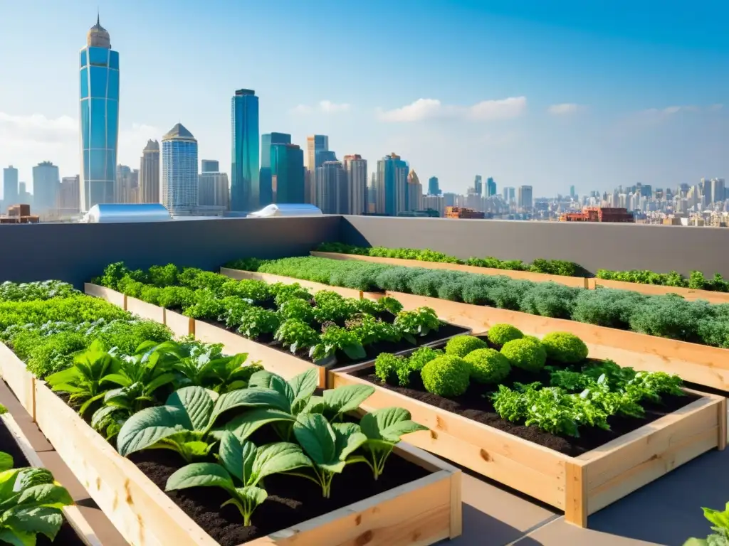 Un jardín urbano vibrante de maca, con hojas verdes exuberantes meciéndose suavemente bajo el cálido sol, junto al skyline de la ciudad