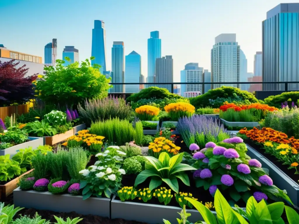 Un jardín urbano vibrante con las mejores plantas para huerto urbano, lleno de vida y color, en armonía con la ciudad