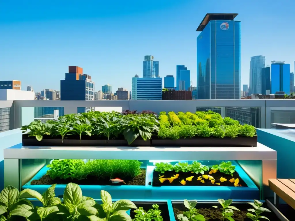 Un jardín urbano vibrante y moderno con acuaponía para agricultura urbana sostenible, integrando naturaleza y modernidad