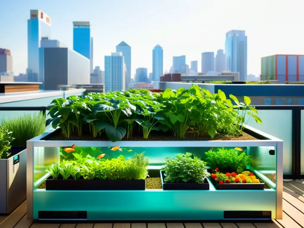 Un jardín urbano vibrante y moderno con acuaponía en la agricultura urbana resiliente, lleno de vegetación exuberante y tanques de peces futuristas