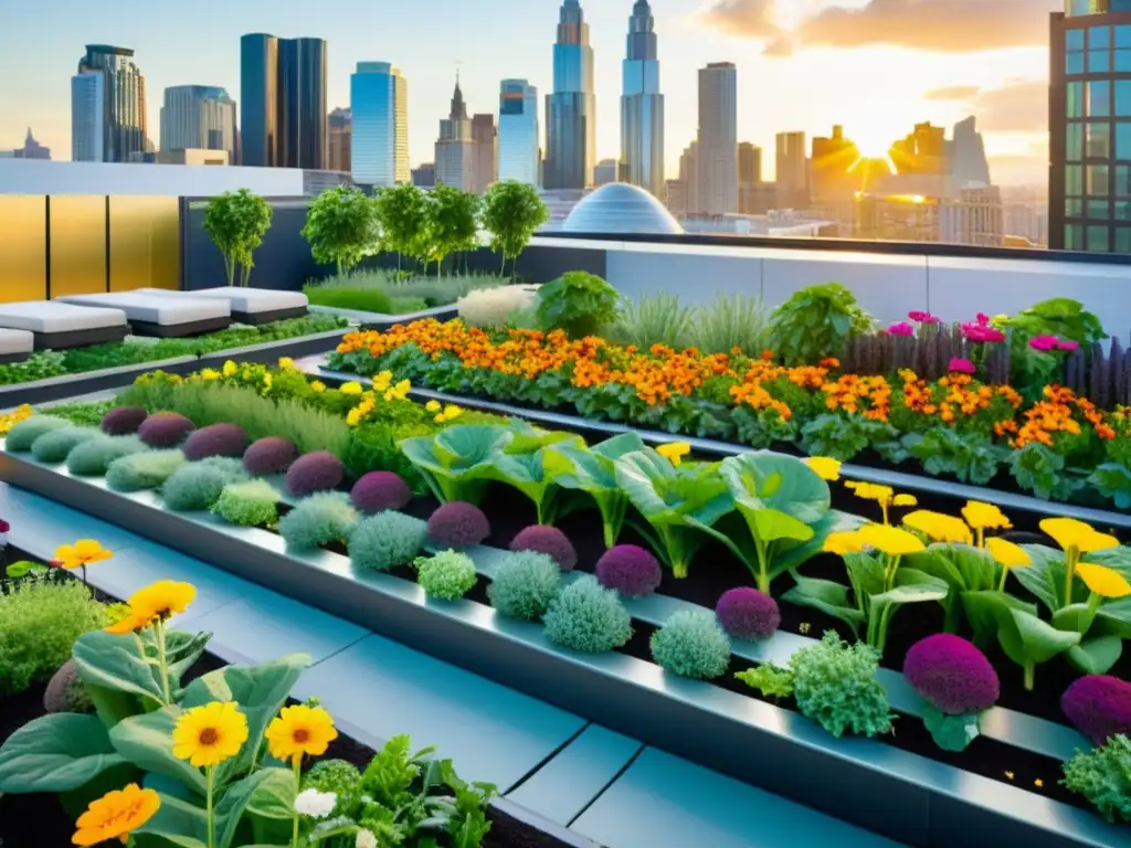 Un jardín urbano vibrante y moderno en lo alto de la ciudad, con hileras de vegetales verdes y flores coloridas