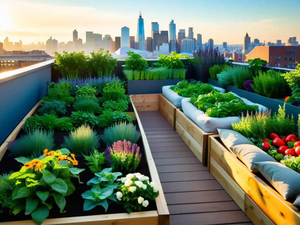 Un jardín urbano vibrante y moderno en la azotea, con beneficios huertos urbanos para reducción estrés, lleno de vegetales, hierbas y flores coloridas